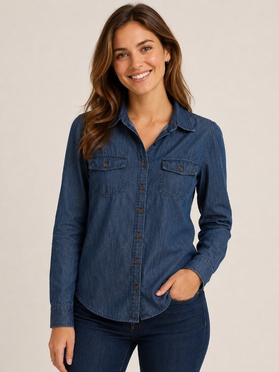 Dalia Collection Tops - Dalia Collection Women’s L Dark Wash Chambray Denim Button Down Shirt
